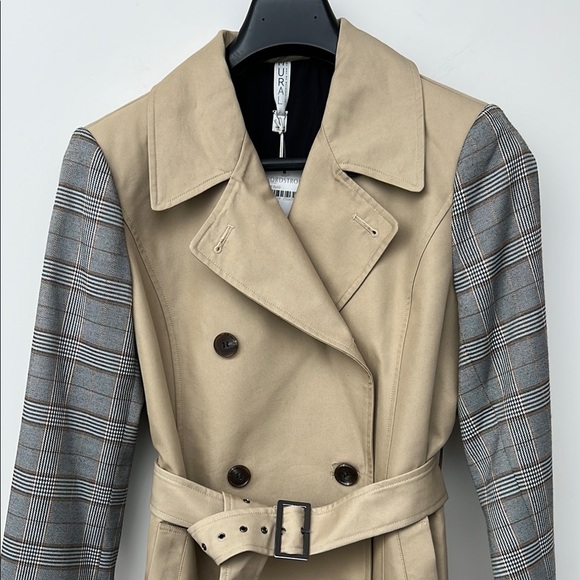 MURAL | NWT Nordstrom Double-Breasted Tan and Gray Plaid Belted Trench Coat - Picture 8 of 14